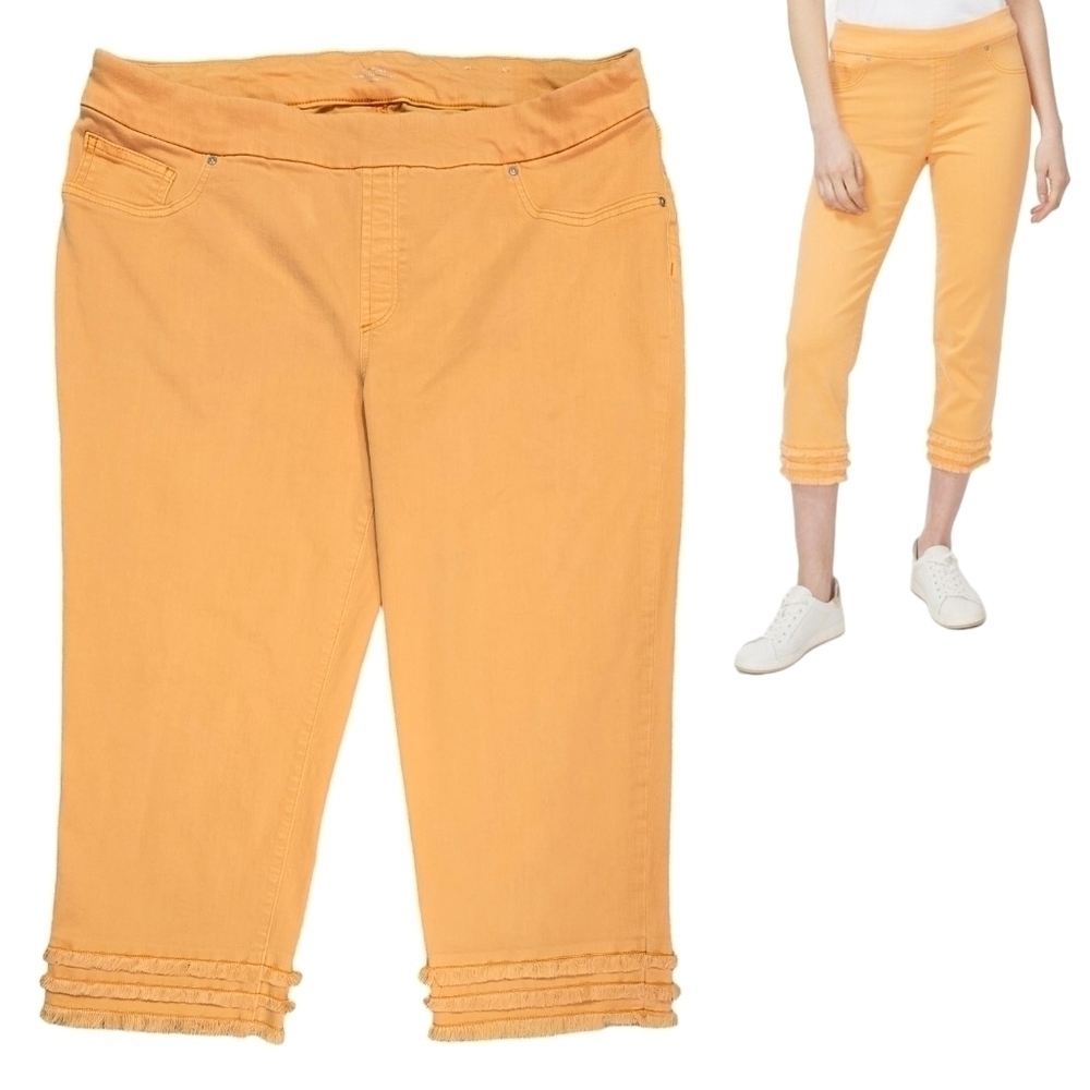 Chico's Fray Hem Pull On Crops Capris Orange Stretch Denim Beachy Vacation